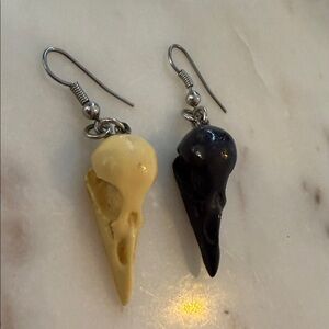 Mini Crow Skull Drop Earrings in Black and Cream